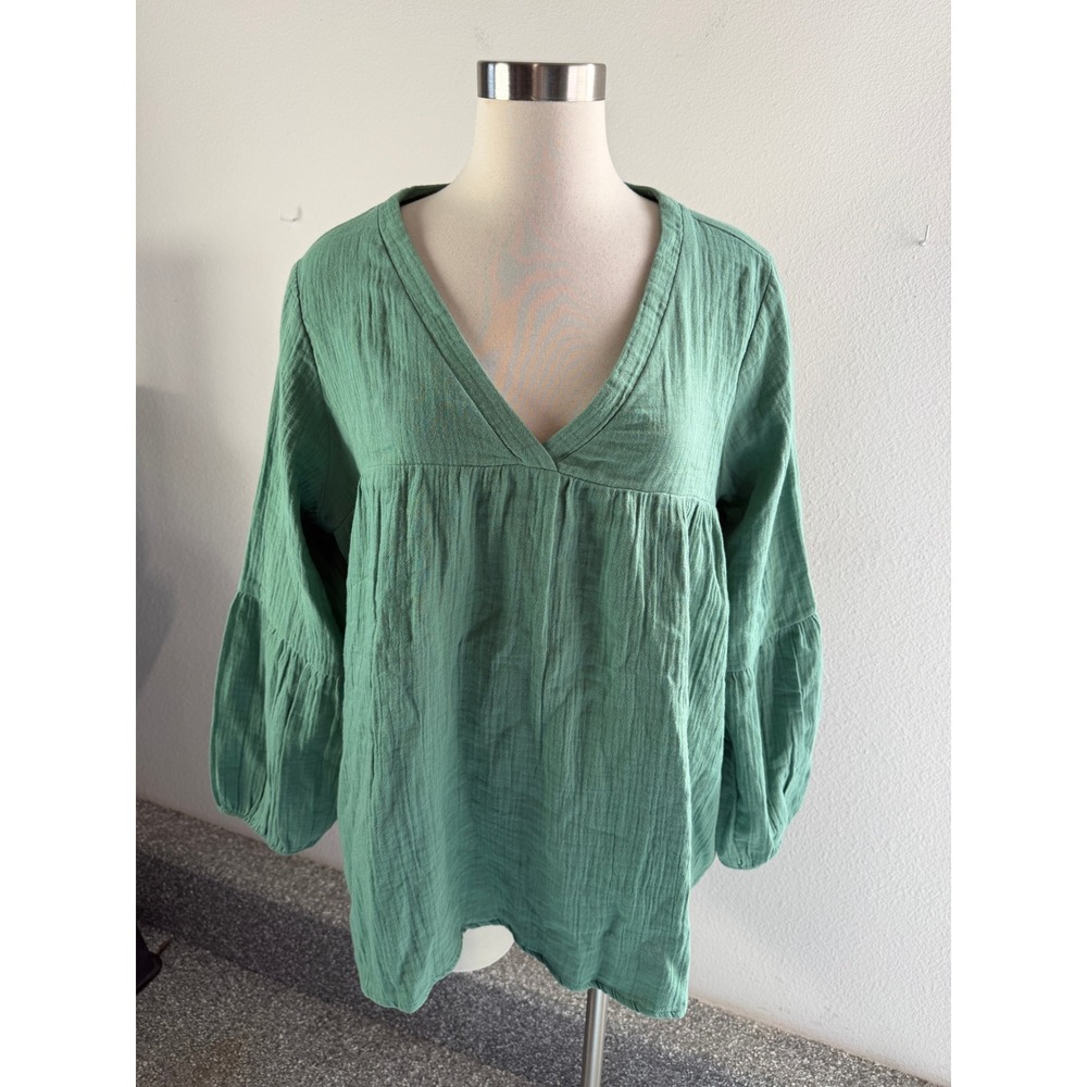 Soft Surroundings Womens XL Green Cotton Gauze V Neck Tunic Top Boho Long Sleeve